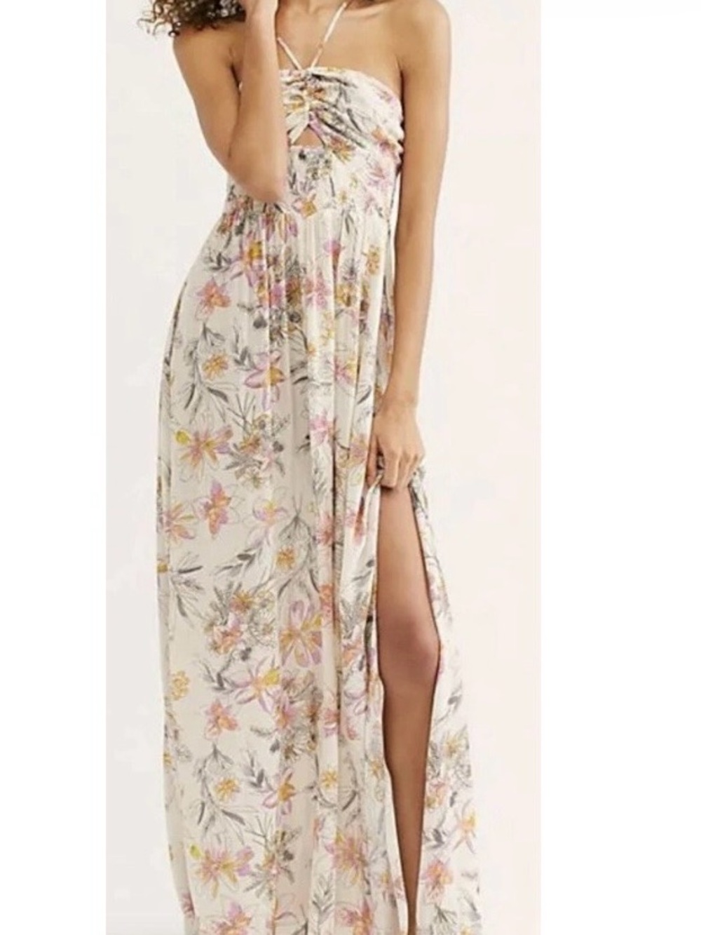 Free People Strapless Floral Maxi Dress in Cream with Pink and Yellow Blooms